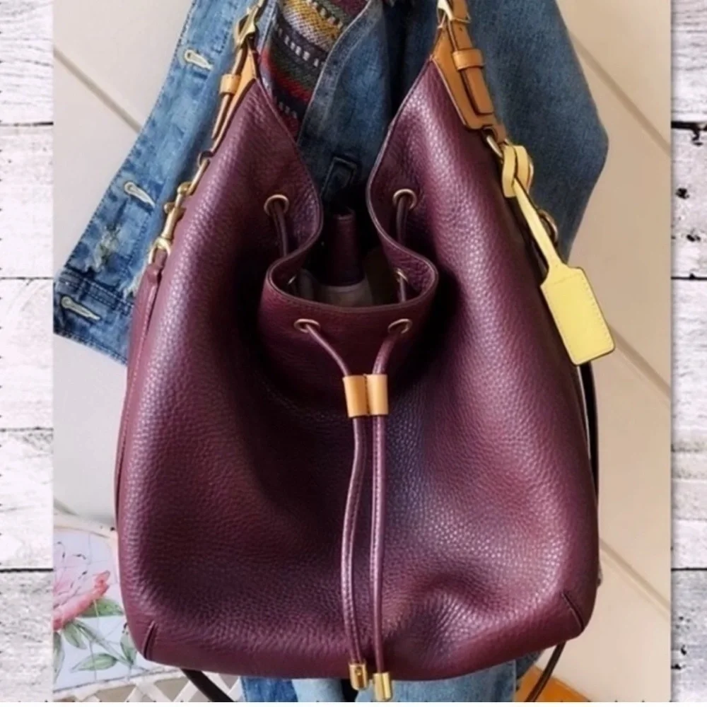 COACH EGGPLANT DRAWSTRING PEBBLED LEATHER BUCKET HOBO BAG